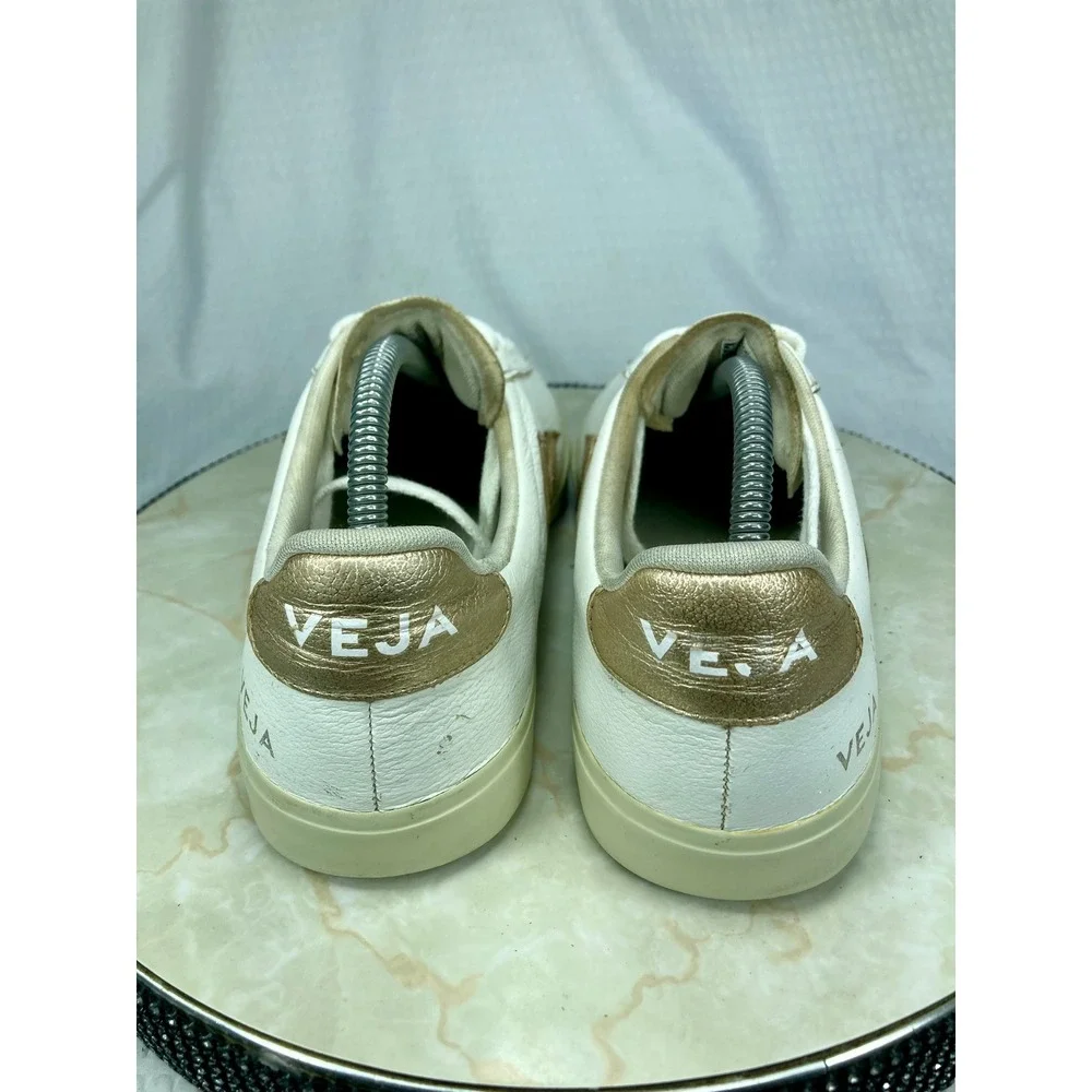 Veja Esplar Metallic Leather Shoes Women 9.5 Gold White Low Top Lace Up Sneakers